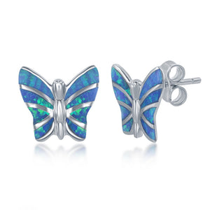 Sterling Silver Blue Inlay Opal Necklace and Earrings Set - Butterfly