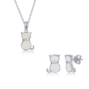 Sterling Silver White Inaly Opal Necklace and Earrings Set - Cat