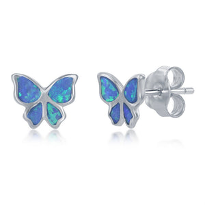 Sterling Silver Blue Inlay Opal Necklace and Earrings Set - Small Butterfly
