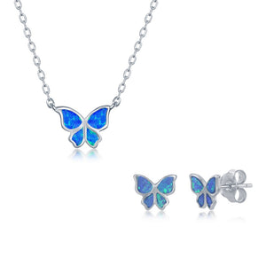 Sterling Silver Blue Inlay Opal Necklace and Earrings Set - Small Butterfly