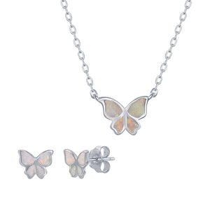 Sterling Silver White Inlay Opal Necklace and Earrings Set - Small Butterfly