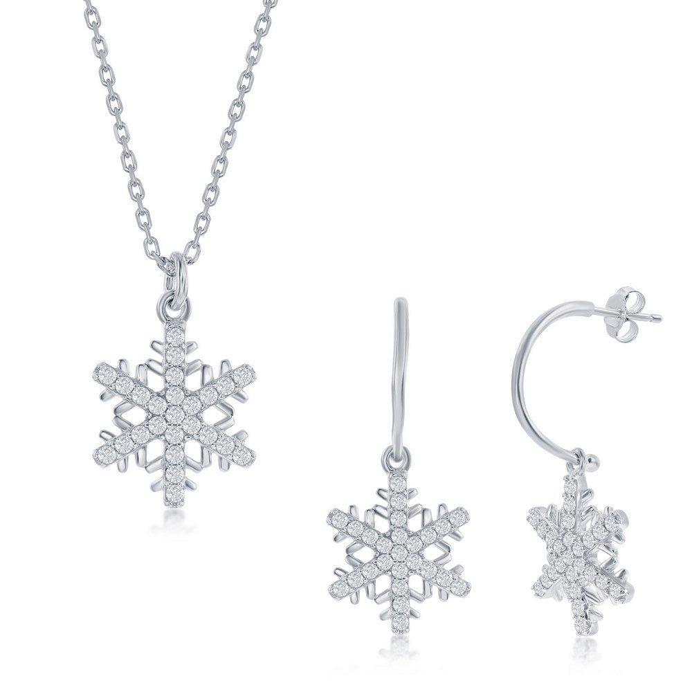 Sterling Silver CZ Snowflake Necklace and Earrings Set