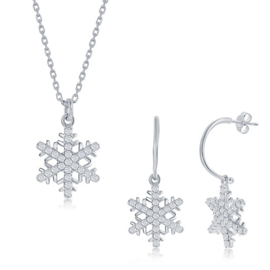 Sterling Silver CZ Snowflake Necklace and Earrings Set