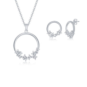 Sterling Silver Multi-Shaped CZ Open Circle Pendant & Earrings Set With Chain