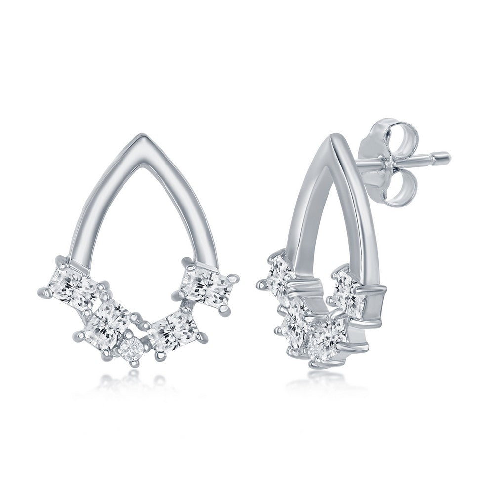 Sterling Silver Multi-Shaped CZ Open Pear-Shaped Pendant & Earrings Set With Chain