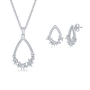 Sterling Silver Multi-Shaped CZ Open Pear-Shaped Pendant & Earrings Set With Chain