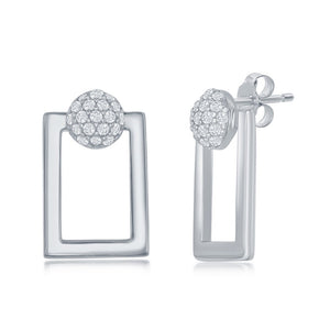 Sterling Silver Round Micro Pave CZ Open Rectangle Pendant & Earrings Set With Chain