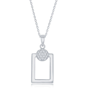 Sterling Silver Round Micro Pave CZ Open Rectangle Pendant & Earrings Set With Chain