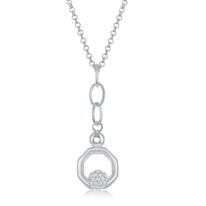 Sterling Silver Round Micro Pave CZ Open Hexagon Pendant & Earrings Set With Chain