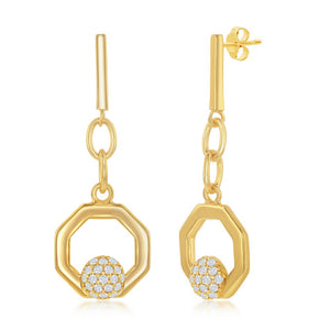 Sterling Silver Round Micro Pave CZ Open Hexagon Pendant & Earrings Set With Chain - Gold Plated