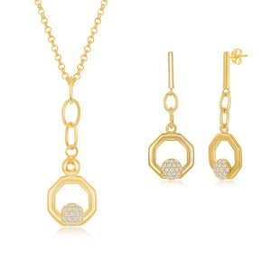 Sterling Silver Round Micro Pave CZ Open Hexagon Pendant & Earrings Set With Chain - Gold Plated