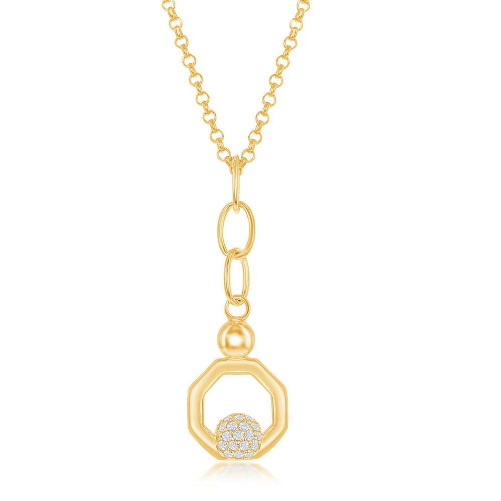 Sterling Silver Round Micro Pave CZ Open Hexagon Pendant & Earrings Set With Chain - Gold Plated