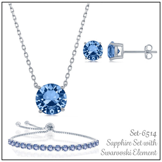 Sterling Silver Light Sapphire December Swarovski Birthstone - Necklace, Earrings and Bracelet Set