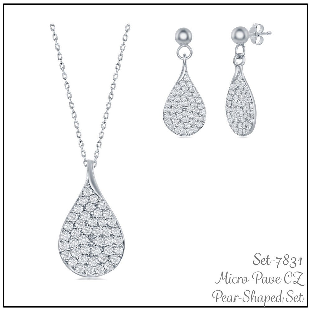 Sterling Silver Micro Pave Pear-Shaped Necklace and Earrings Set