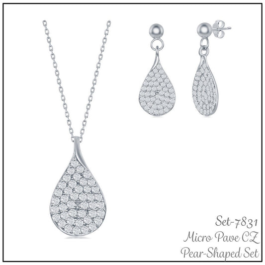 Sterling Silver Micro Pave Pear-Shaped Necklace and Earrings Set