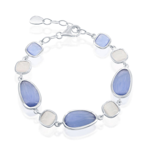 Sterling Silver Irregular Blue Gray and Square Gray Cat's Eye Bracelet