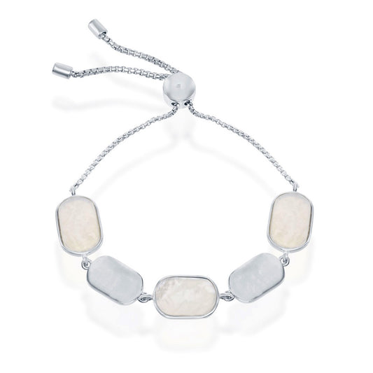 Sterling Silver Alternating Polished and Mother of Pearl Adjustable Bolo Bracelet