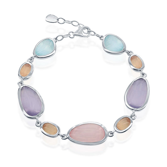 Sterling Silver Multi-Shaped Tiffany Blue, Champagne, Lavender & Pink Sakura Cat's Eye Bracelet