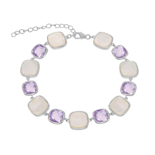 Sterling Silver Alternating Square Amythist & Mother of Pearl Bracelet