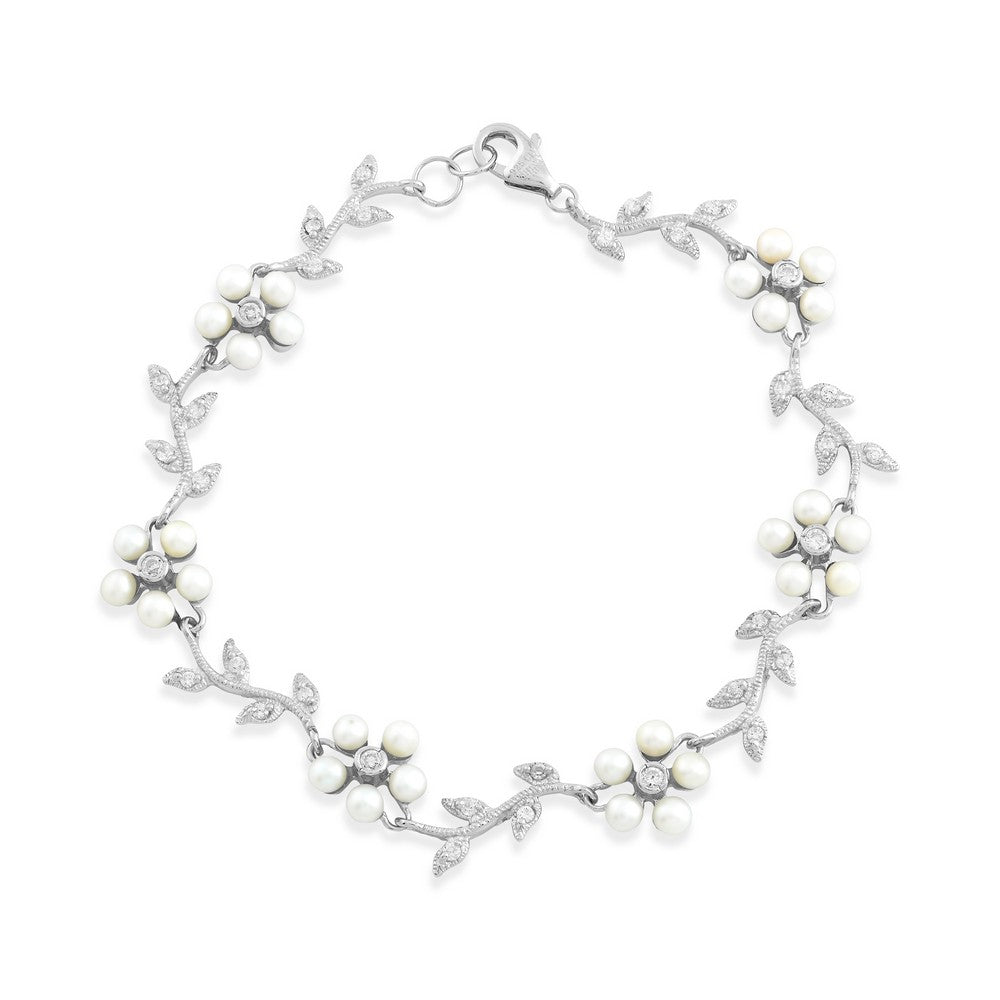 Sterling Silver Alternating White FWP Flowers & Clear CZ Leaves On Branch Bracelet