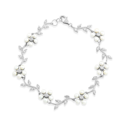 Sterling Silver Alternating White FWP Flowers & Clear CZ Leaves On Branch Bracelet