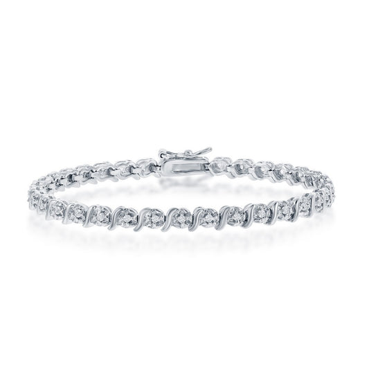 Sterling Silver Round Setting With  Center Diamonds Tennis Bracelet