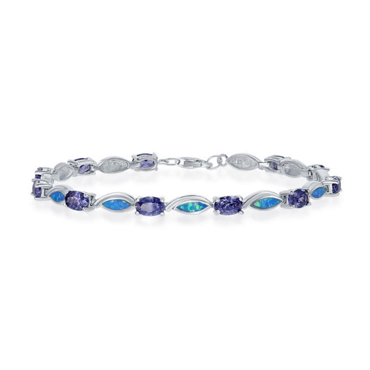 Sterling Silver Alternating Oval Tanzanite CZ's and Blue Inlay Opal Marquise Shapes Bracelet