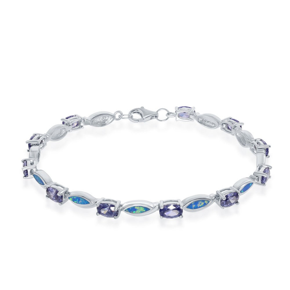 Sterling Silver Alternating Oval Tanzanite CZ's and Blue Inlay Opal Marquise Shapes Bracelet