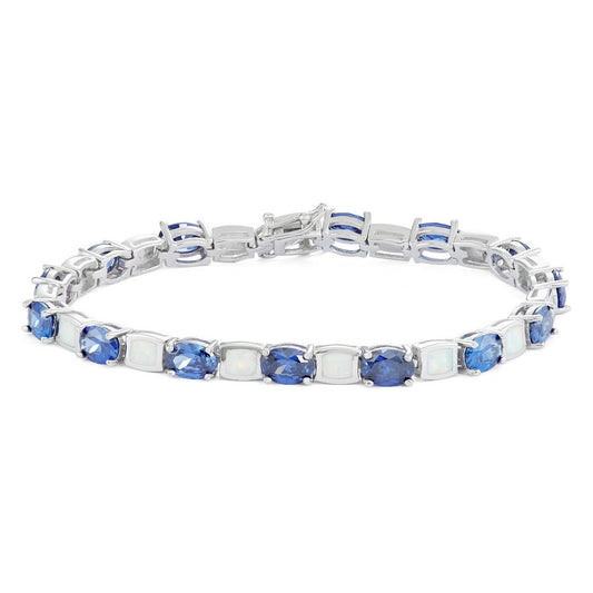 Sterling Silver Alternating White Inlay Opal and Tanzanite CZ Bracelet