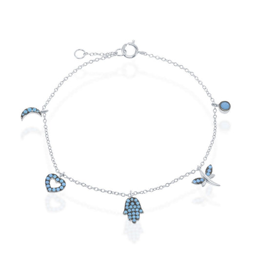 Sterling Silver Turqoise Crescent, Heart, Hamsa, Dragonfly, and Circle Charm Bracele