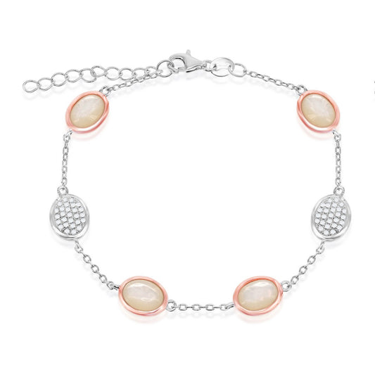 Sterling Silver Two-Tone Alternating Oval Micro Pave and Mother of Pearl Bracelet
