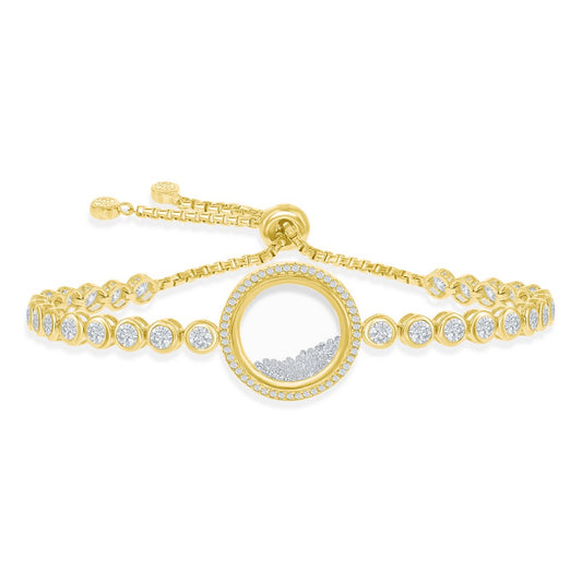 Sterling Silver Floating White CZ in a Disc Bezel-Set CZ Adjustable Bolo Bracelet - Gold Plated