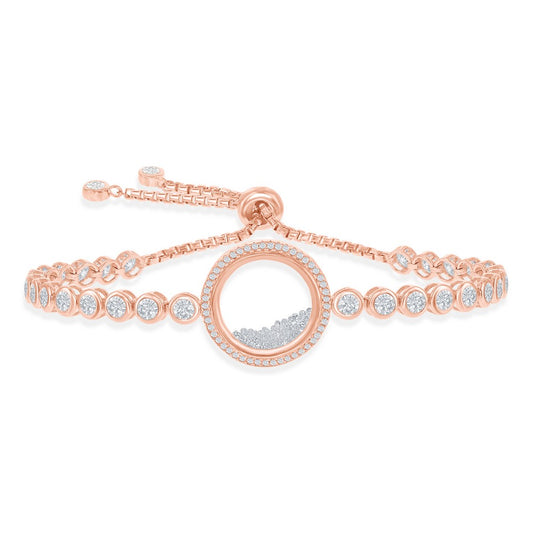 Sterling Silver Floating White CZ in a Disc Bezel-Set CZ Adjustable Bolo Bracelet - Rose Gold Plated
