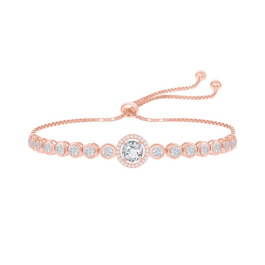 Sterling Silver Round CZ Halo Bezel-Set CZ Adjustable Bolo Bracelet - Rose Gold Plated