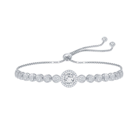 Sterling Silver Round CZ Halo Bezel-Set CZ Adjustable Bolo Bracelet