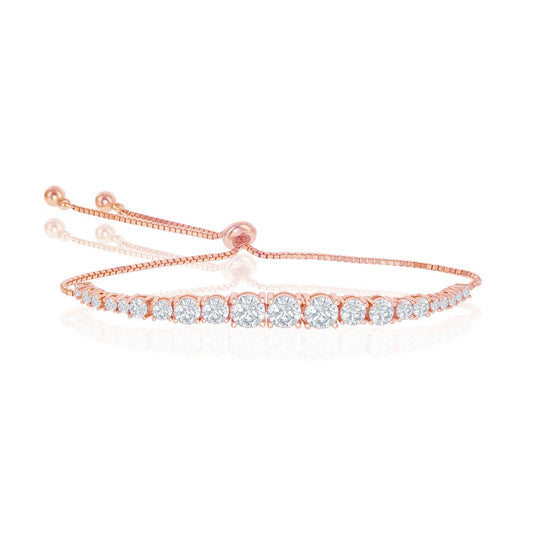 Sterling Silver Round Graduating CZ Bolo Tennis Bracelet - Rose Gold Plated