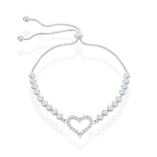 Sterling Silver CZ Heart Beaded Adjustable Bolo Bracelet - Rhodum Plated