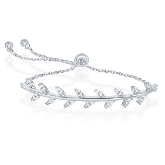 Sterling Silver CZ Leaf Design Adjustable Bolo Bracelet - Rhodum Plated