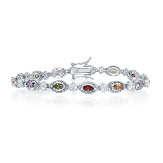 Sterling Silver Multi-Color Marquise CZ with 6 Prong Clear CZ Bracelet