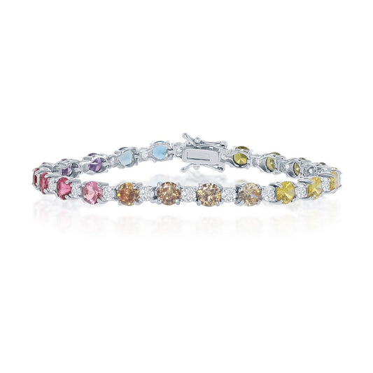 Sterling Silver Multi-Color Round CZ with 4 Prong Clear CZ Bracelet