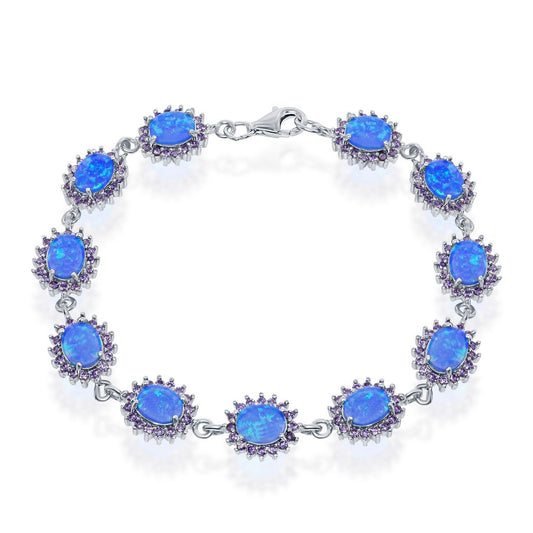 Sterling Silver Oval Blue Opal with Amethyst CZ Border Bracelet