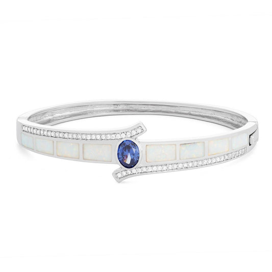 Sterling Silver White Inlay Opal with Center Oval Amythist CZ Bangle