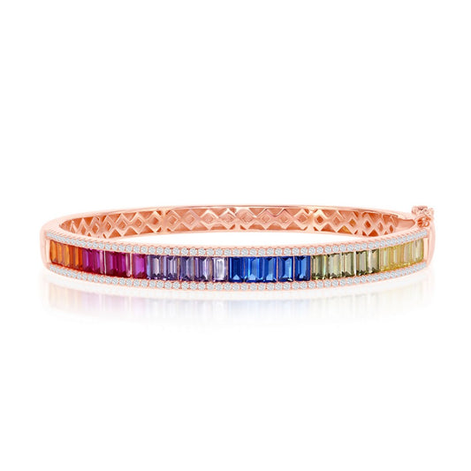 Sterling Silver Rainbow Baguette CZ Bangle - Rose Gold Plated