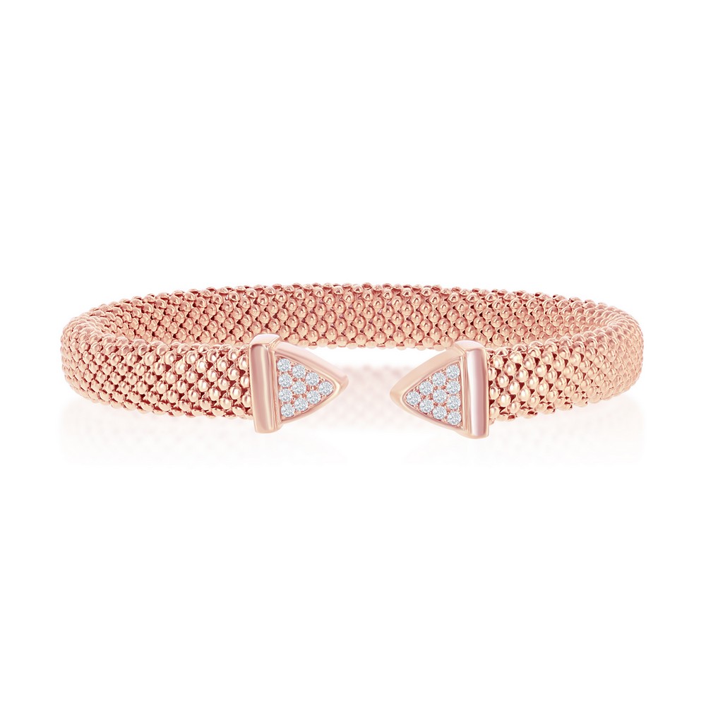Sterling Silver Rose Gold Plated Triangle Cubic Zirconia Mesh Bangle