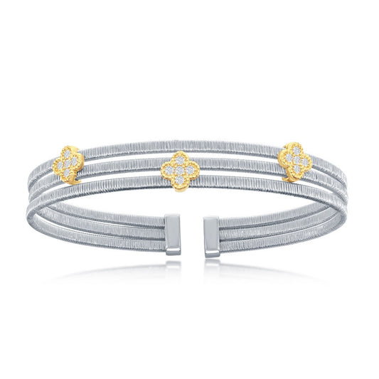 Sterling Silver Flower CZ Design Triple Wire Bangle, Bonded with 14K Gold Plating