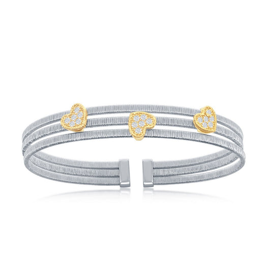 Sterling Silver CZ Heart Triple Wire Bangle, Bonded with 14K Gold Plating
