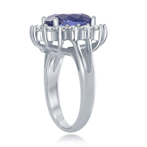 Sterling Silver Oval Tanzanite CZ with Clear CZ Border Stud Ring