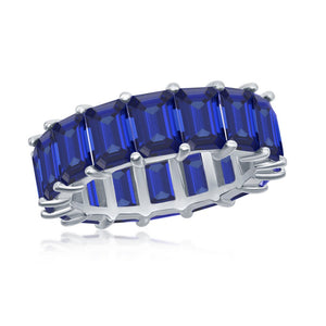 Sterling Silver 6mm Created Sapphire Rectangle Radiant-Cut Eternity Band Ring