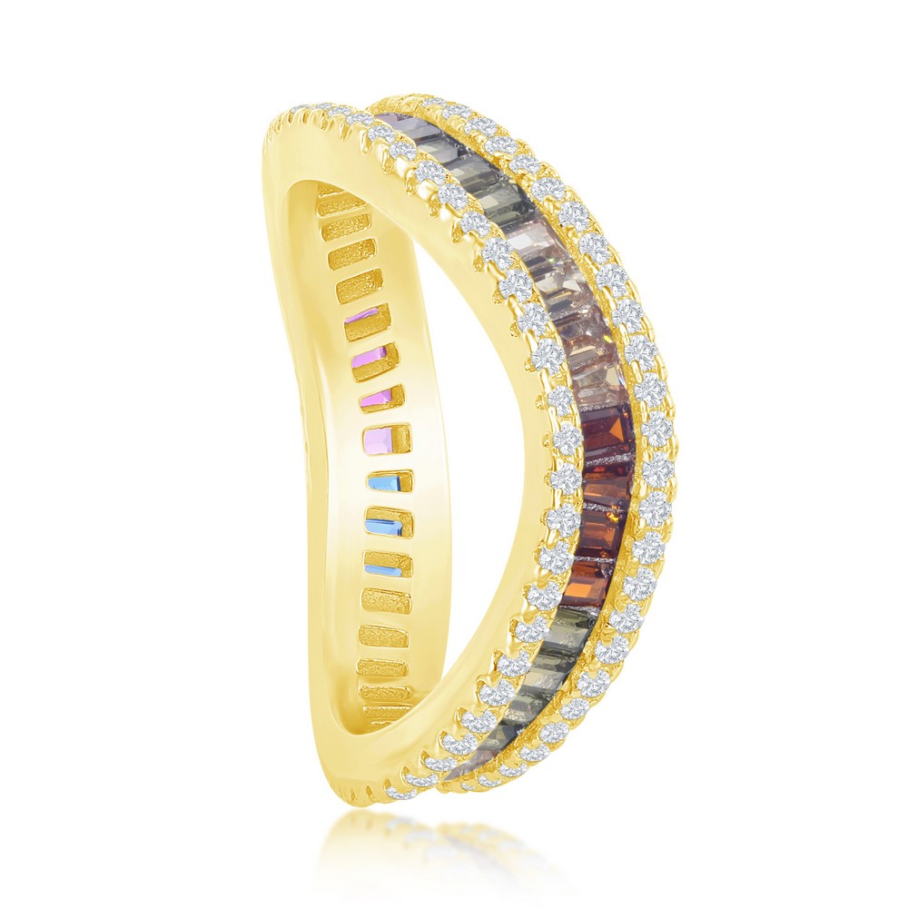 Sterling Silver Rainbow Baguette CZ with Clear CZ Border Wavy Ring - Gold Plated
