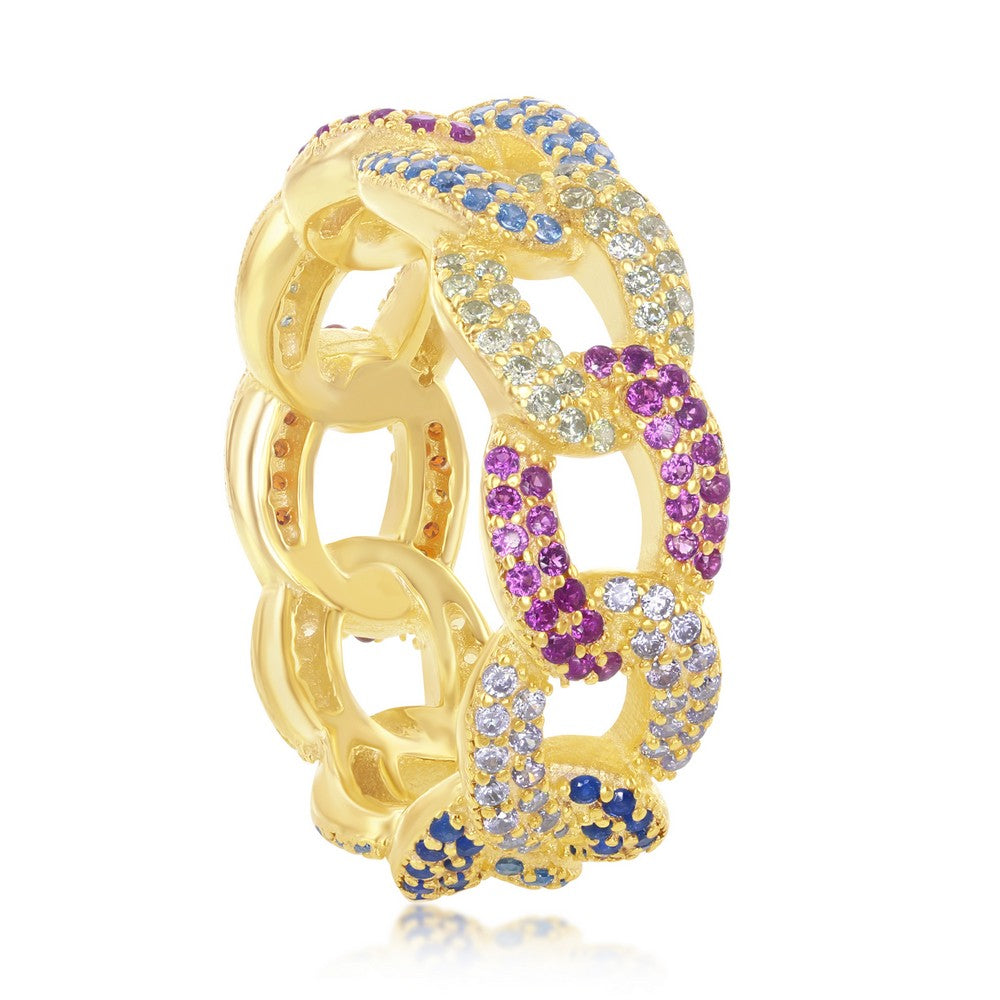 Sterling Silver Multi-Color CZ Essential Cuban Link Ring - Gold Plated
